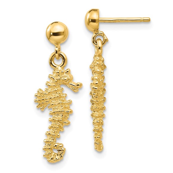 14k Yellow Gold Nautical Sea Life Seahorse Dangle Earrings - Picture 1 of 4